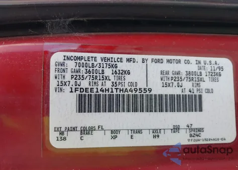 1996 Ford Econoline E150 Van z USA, uszkodzony, nr VIN 1FDEE14H1THA49559